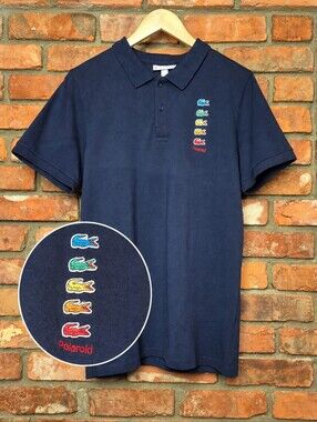 Lacoste x Polaroid Men’s M Navy Polo Shirt Multicolor Crocodile Embroidered 2021